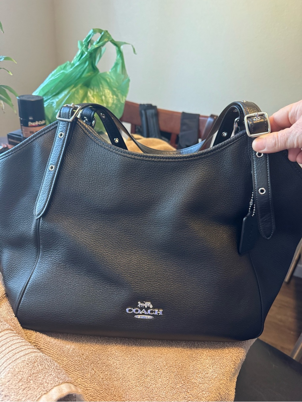 Coach Black Pebbled Leather Shoulder Tote with Silver Hardware